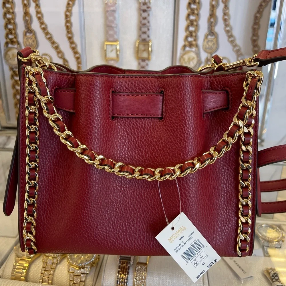 MICHAEL KORS Mina Small Chain Crossbody XBody Bag Belt Chain Inlay  Cherry  NWT
